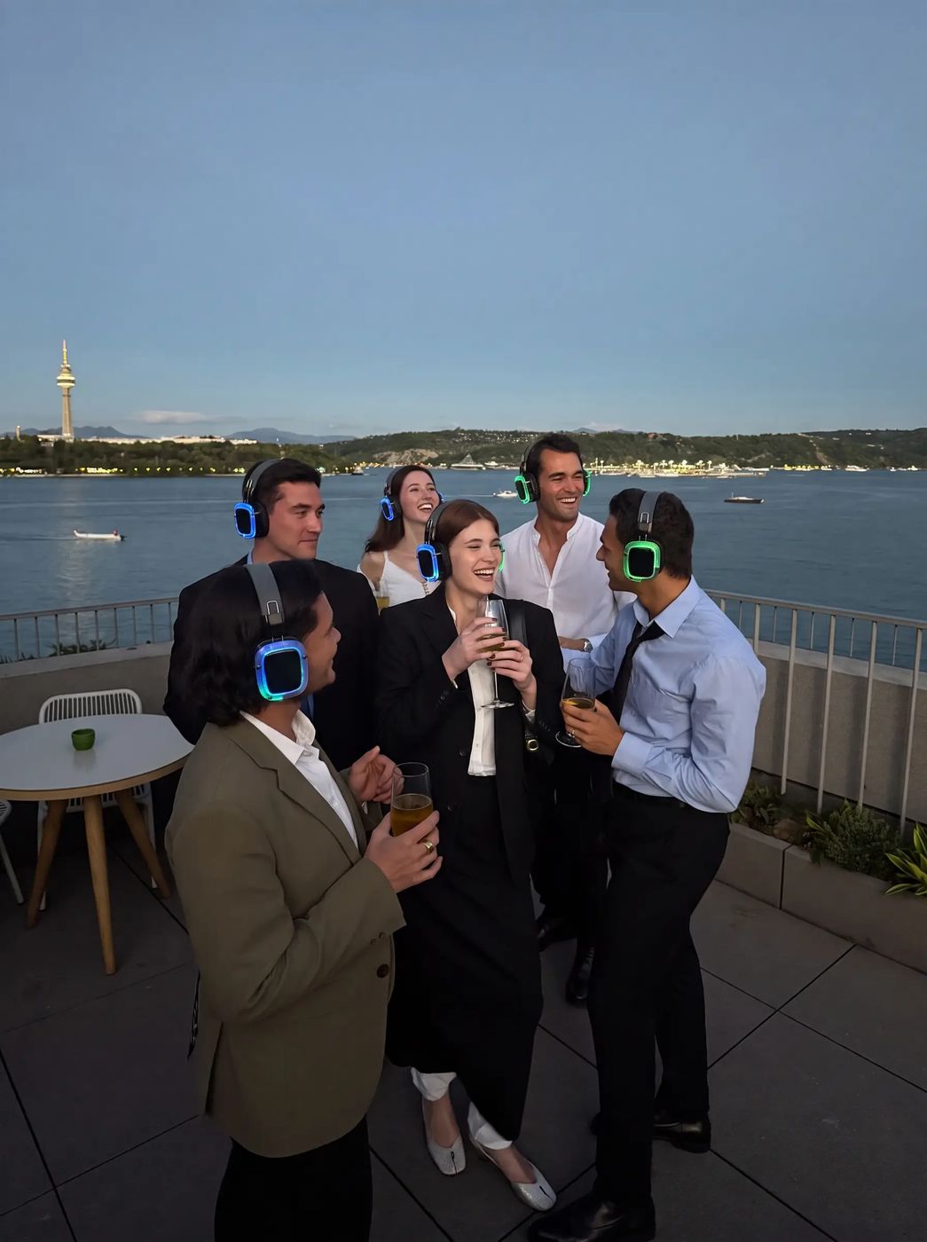 Firmenevent auf einer Dachterrasse mit Kopfhörern